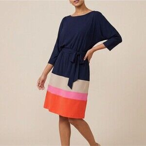 Jessica Howard Colorblock Jersey Tie Waist Dress Size M Navy Mod Chic 60s Retro